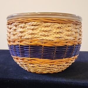 Vietnamese cracked planter, handcrafted Woven Basket with Blue and Tan Accents